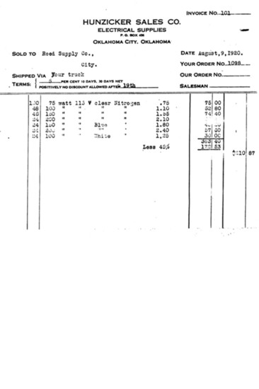 The first invoice issued by Hunzicker Sales Co. in 1920