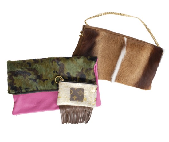 Exotic Natural Fold Over Clutch with Chain, $325; Camo with Pink Leather Fold Over Clutch, $160; Enhanced Fur Mini Clutch with Reclaimed Louis Vuitton and Leath