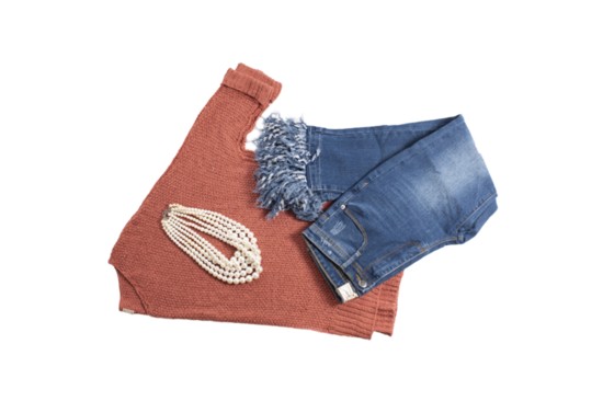 3/4 Sleeve Pullover Sweater in Marsala, $39; Distressed Frayed Denim Pants, $35; BijouxAndCoe.com