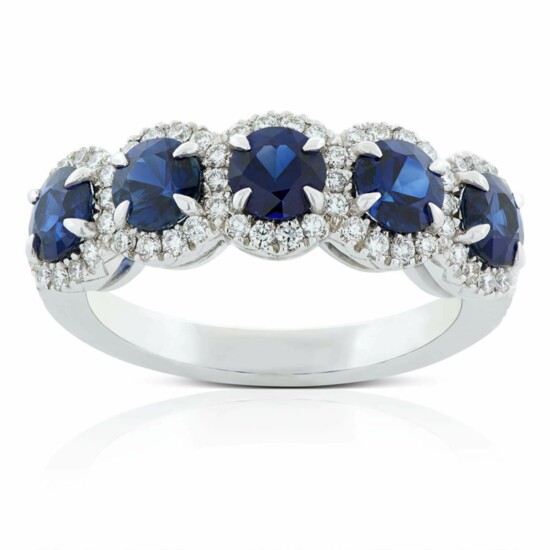 Ben Bridge Jeweler  5-Stone Sapphire & Diamond Halo Ring in 18K white gold $2,999