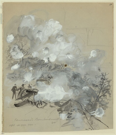 This illustration by Theodore R. Davis shows the cannon fire at Kennesaw Mountain. Image from the Library of Congress.