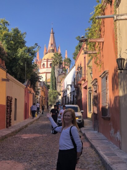Aldama Street in San Miguel de Allende. Church of the Immaculate Conception is in the background.