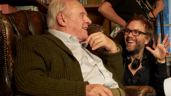 Left to Right: Anthony Hopkins, Florian Zeller (Director) filming THE FATHER. Photo by Sean Gleason. Courtesy of Sony Pictures Classics.
