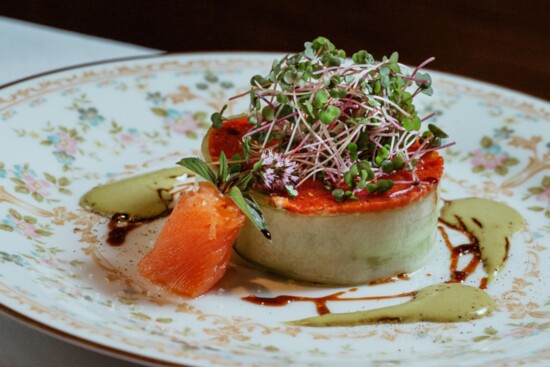 Shrimp Gateau: shrimp salad wrapped with cucumber, crowned with Ohio tomato fondue, basil vinaigrette, arugula micro greens, smoked salmon