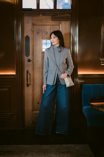 TWP Blazer, Collared shirt and Jeans and BMay handbag 