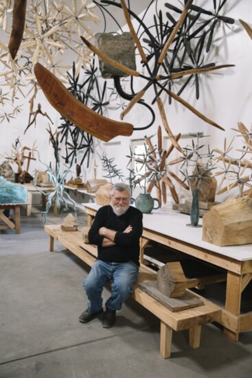 Iconic Texan sculptor James Surls with a selection of his work