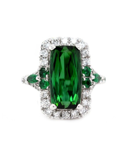 2. Custom Green Tourmaline Tsavorite and Diamond Ring