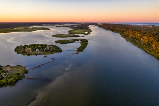 Aerial view Ormond Beach WASHINGTON OAKS GARDENS STATE PARK where river meets the sea