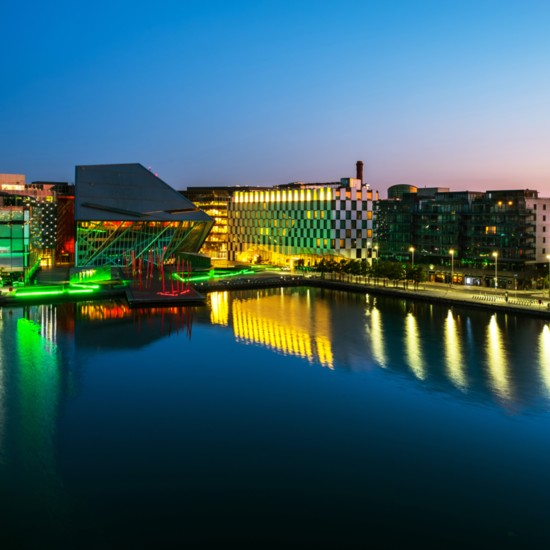 Aerial view of Grand Canal docks in Dublin at sunrise