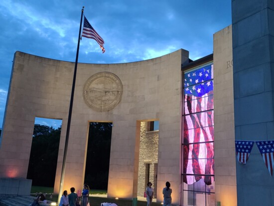 The stunning stained-glass flag shines at the entrance to the Dole Institute.