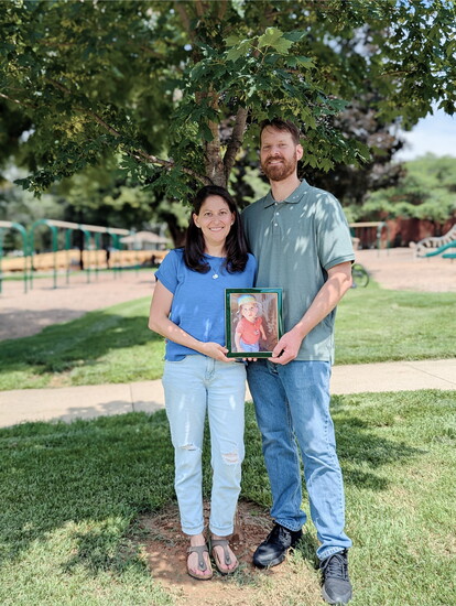 Talia and Brent Turner in front of the Sugar Maple Tree planted in honor of Simon in Baker Park directly in front of the site of the future Splash Point!