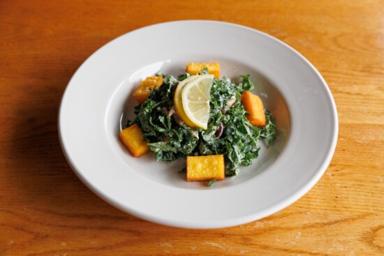 Kale Caeser Salad with smoked salmon & crispy polenta croutons