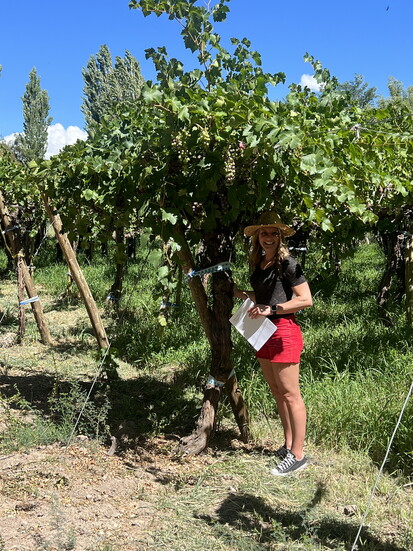 Jackie in the vineyards of Cara Sur winery in Calingasta Valley, Argentina
