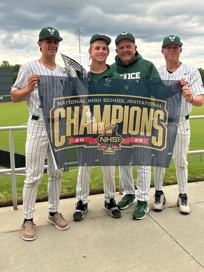 Coach Speers celebrates with Venice High School baseball players after their 2025 NHSI Championship win.