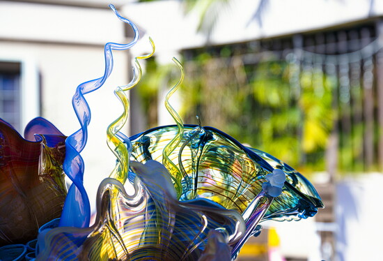 Twisted glass-blown seagrass nestled between blue-tinged, translucent clams.