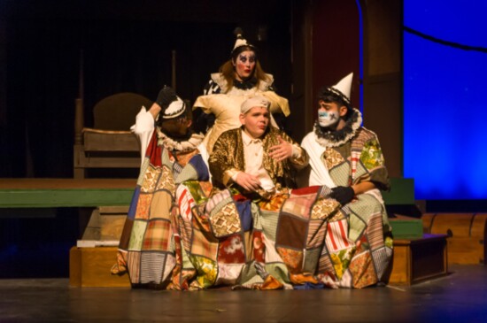 “A CHRISTMAS CAROL”: Pictured From Left Nicolas Lamer, Dani Freeze and Gabriel Mora as The Clowns and Brian Clifton as Scrooge; Photo by Ponic Photography