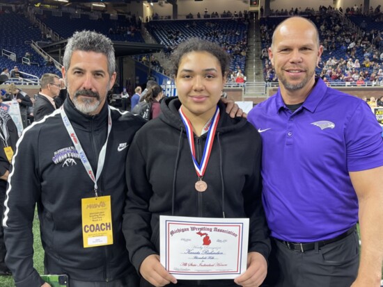 Kurt Delfin (right) with Tony Scigliano and Bloomfield Hills High School student Kanata Richardson, No. 1 ranked female wrestler in Michigan.