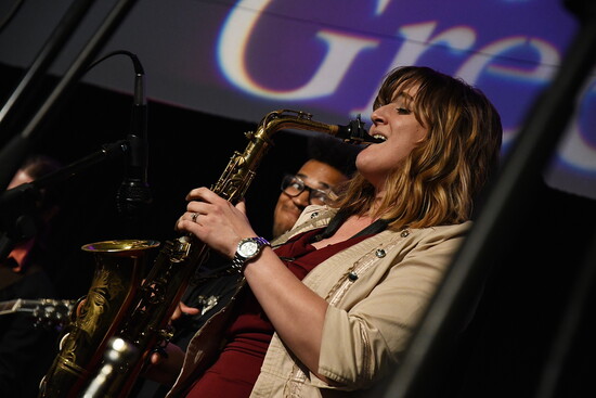 Bri Harris (former GCD Board Member) performing with The Burroughs at the Colorado Creative Industries Summit held in 2018 [CCI staff photographer]