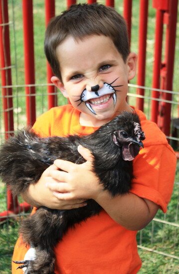 Boy in face paint holding chicken at petting zoo area of Greeley Creative District's 2015 Agriculture Fest and Feast