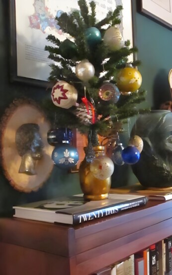 A small simple tree displays treasured ornaments. 