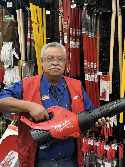 Downtown Walnut Creek ACE Hardware's B2B Lead Bob Flores with a Milwaukee leaf blower