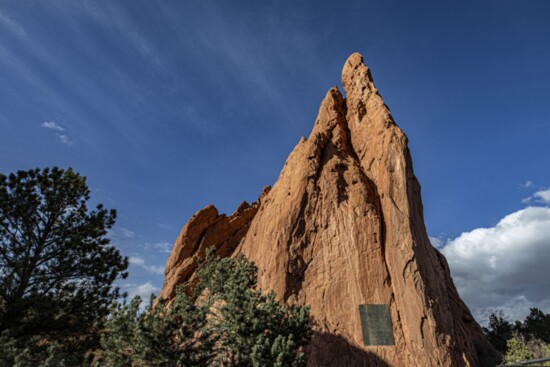 Rock formation with dedication plaque.