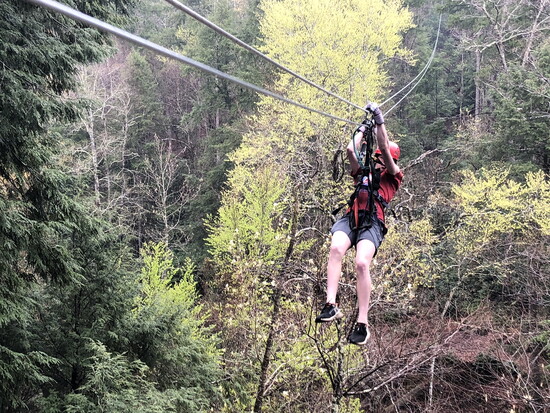 Eddie Condran aces the  tree canopy zip