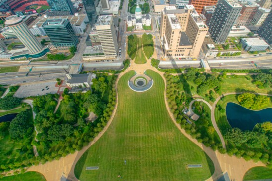View from top of Gateway Arch, with Arch shadow.