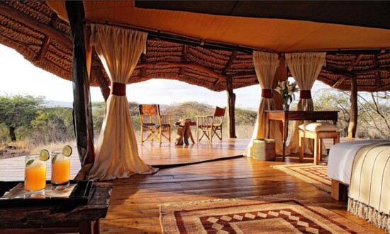 The Lewa Safari camp features state-of-the-art luxury tents each with a woodendecked veranda from which to greet the birdsong African morning.