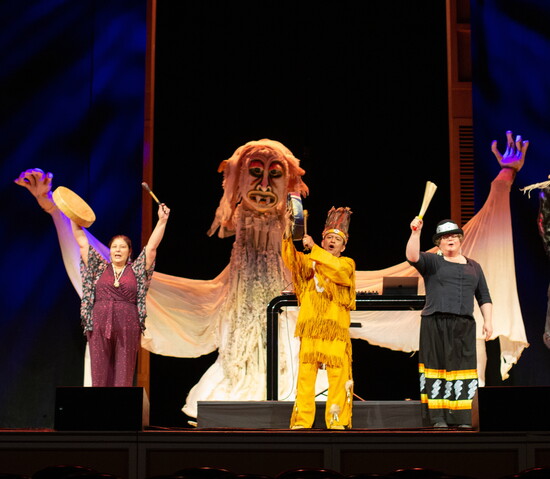 Indigenous artists Tania Morey (Tobique), Dwayne Tomah (Passamaquoddy), and Jennifer Pictou (Mi’kmaq) in Wabanaki Stories. Photo by Katie Day.