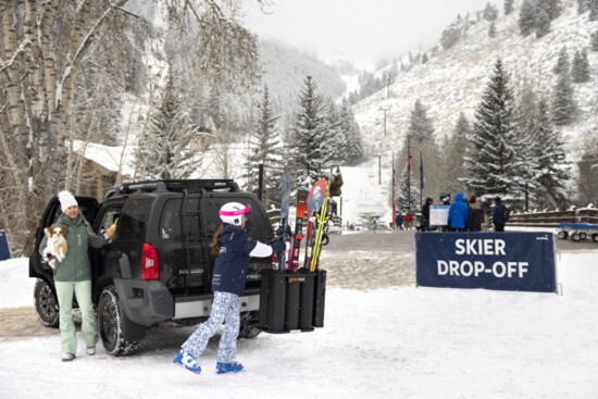 Grabbing skis from the Gravirax at River Run Lodge in Sun Valley