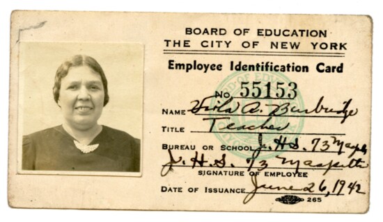 Alice Viola Burbridge's NY Board of Education ID card. The Adairs grandchild.