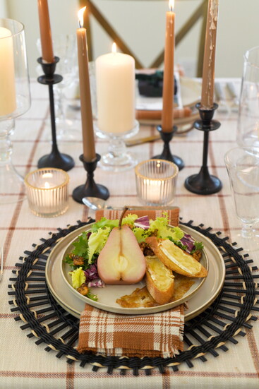 Poached pear salad with brie & fig toasts, spiced walnuts & a honey lemon vinaigrette