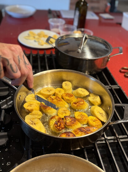 Frying Plantains, The Xperience private chef lunch