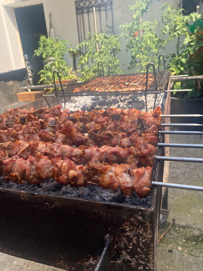 Lechazo (Lamb) roasting on a traditional carro (grill)