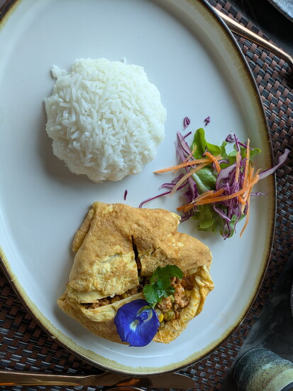 Rice with a pork stuffed egg omelette called Kai Yat Sai. Photo Credit: Star Williams