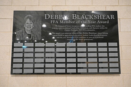 In her honor, the Debbie Blackshear FFA Member of the Year Award was established at the 2026 CFISD Livestock Show and Sale
