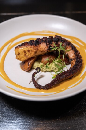 Spanish octopus, heirloom beans, corn mole, escarole, achiote oil. Photo credit: Jacob Steelquist