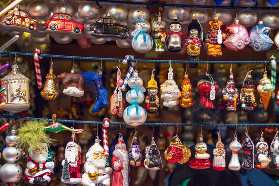 Christmas tree ornaments on display at Christmas market winter wonderland in London 