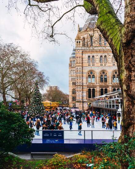 Ice rink and Christmas tree at Natural History Museum in London