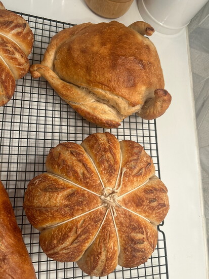 A turkey and a pumpkin sourdough loaf.