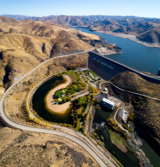 Aerial view of Lucky Peak State Park in the autumn. PC: Charles Knowles 