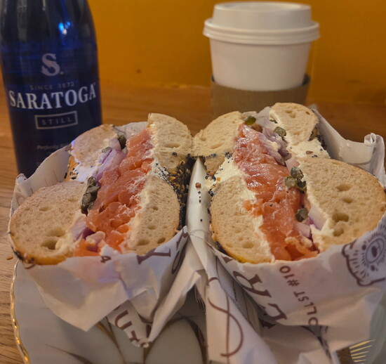 Smoked salmon and cream cheese on a freshly made bagel at Twin Bears Bakery. 