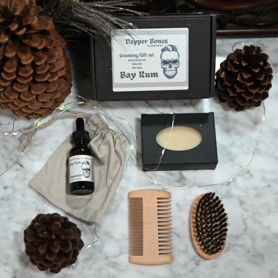 Dapper Bones Grooming Set includes beard brush & comb, beard oil, and soap ($25).  The Nest