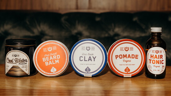 L-R; Cool Water Pomade, Red Bandit Beard, Blue Suede Clay, Original Pomade, Hair Tonic.