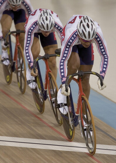 Adam Duvendeck competing at the 2004 Athens Summer Olympic Games alongside teammates Giddeon Massy and Christian Stahl. Photo courtesy of UPI/Alamy.