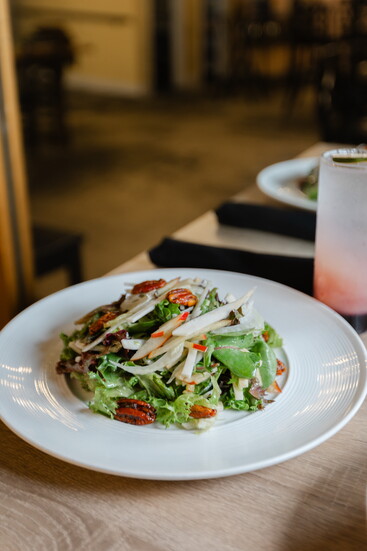 Neon Fig Apple Fennel Salad with Mixed Greens, Candied Pecans, Celery Root and Apple Cider Vinaigrette 
