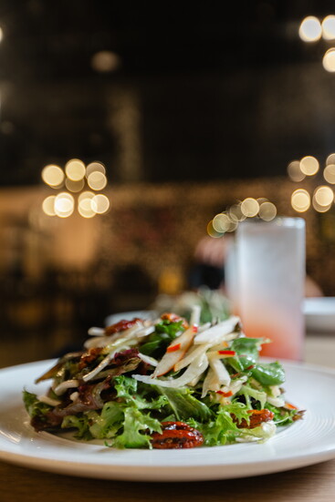 Neon Fig Apple Fennel Salad with Mixed Greens, Candied Pecans, Celery Root and Apple Cider Vinaigrette