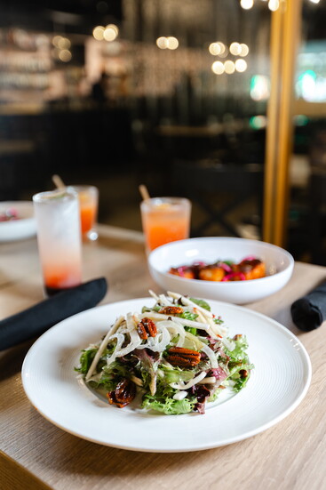 Neon Fig Apple Fennel Salad with Mixed Greens, Candied Pecans, Celery Root and Apple Cider Vinaigrette