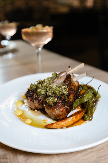 Lamb Chops Smoke Chimichurri with Saffron Aioli and Blistered Shishito Peppers